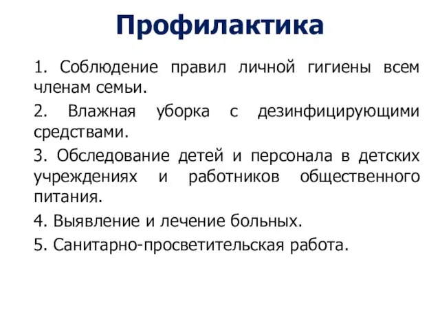 Профилактика 1. Соблюдение правил личной гигиены всем членам семьи. 2. Влажная