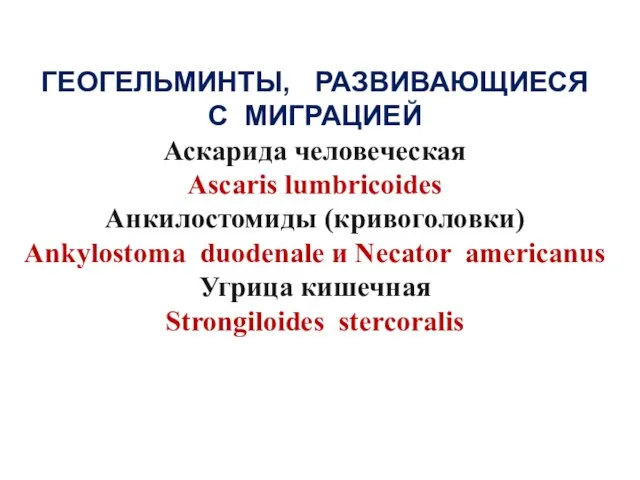 ГЕОГЕЛЬМИНТЫ, РАЗВИВАЮЩИЕСЯ С МИГРАЦИЕЙ Аскарида человеческая Ascaris lumbricoides Анкилостомиды (кривоголовки) Ankylostoma