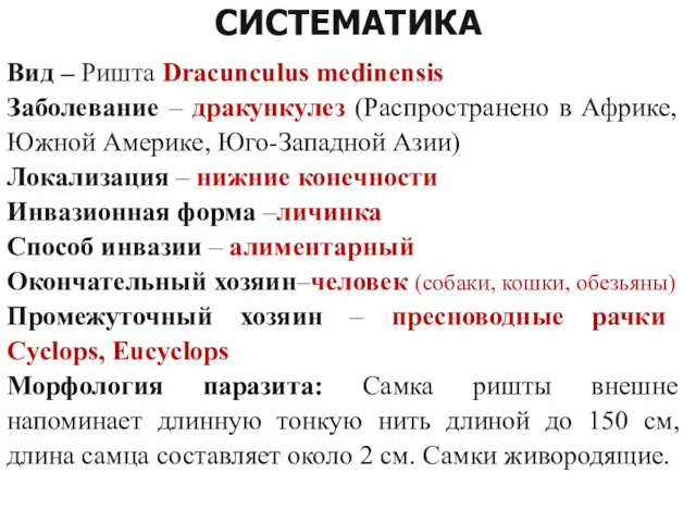 СИСТЕМАТИКА Вид – Ришта Dracunculus medinensis Заболевание – дракункулез (Распространено в