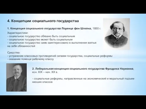 4. Концепции социального государства Характеристики: - социальное государство обязано быть социальным