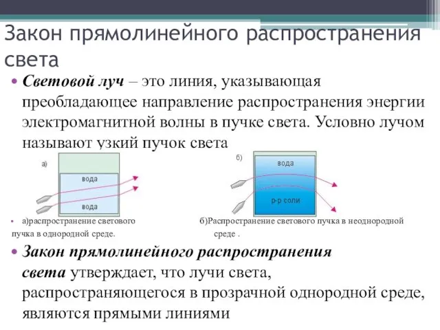 Закон прямолинейного распространения света Световой луч – это линия, указывающая преобладающее