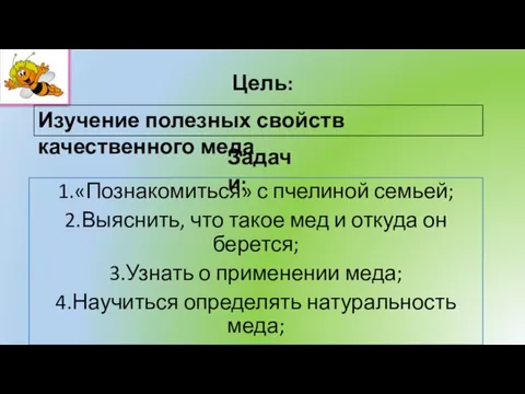 Цель: 1.«Познакомиться» с пчелиной семьей; 2.Выяснить, что такое мед и откуда