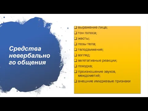 Средства невербального общения выражение лица; тон голоса; жесты; позы тела; телодвижения;