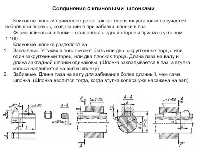 Соединения с клиновыми шпонками Клиновые шпонки применяют реже, так как после