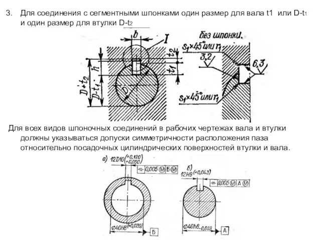 Для соединения с сегментными шпонками один размер для вала t1 или