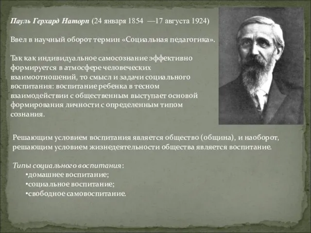 Пауль Герхард Наторп (24 января 1854 —17 августа 1924) Ввел в