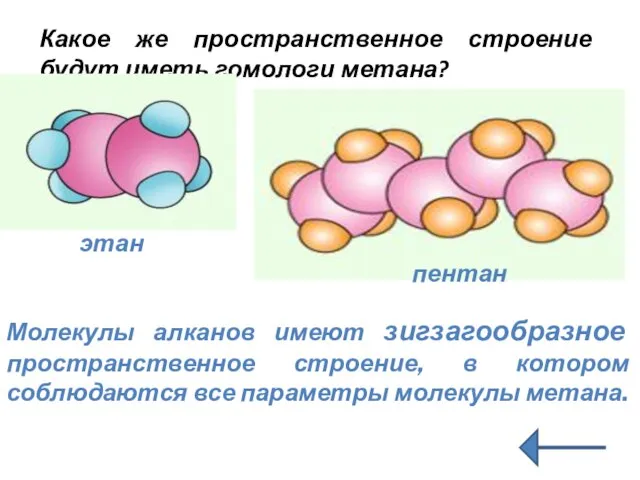 Какое же пространственное строение будут иметь гомологи метана? этан пентан Молекулы