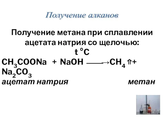 Получение метана при сплавлении ацетата натрия со щелочью: t °C CH3COONa