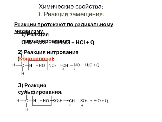 СН4 + Сl2 CH3Cl + HCl + Q t Реакции протекают