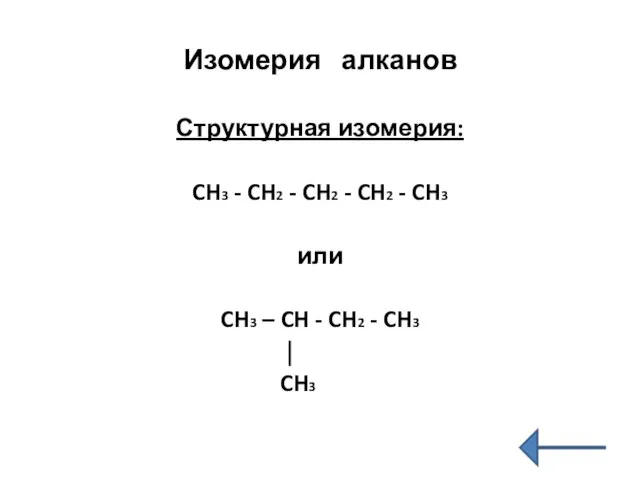 Изомерия алканов Структурная изомерия: CH3 - CH2 - CH2 - CH2