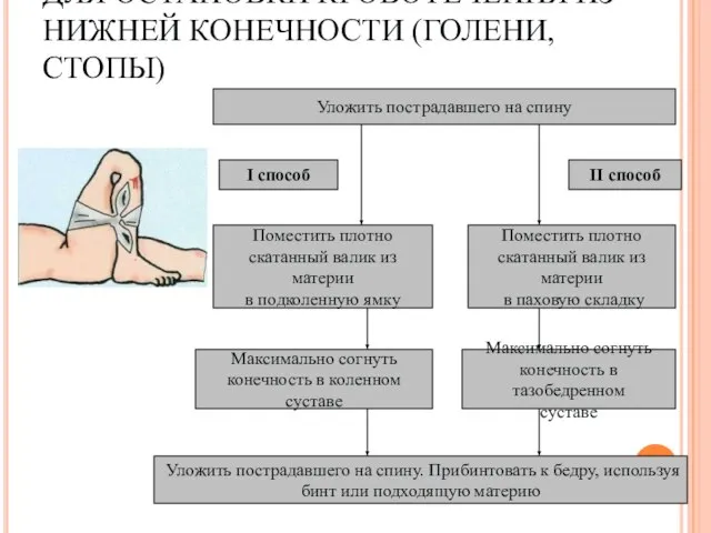 ДЛЯ ОСТАНОВКИ КРОВОТЕЧЕНИЯ ИЗ НИЖНЕЙ КОНЕЧНОСТИ (ГОЛЕНИ, СТОПЫ) Уложить пострадавшего на