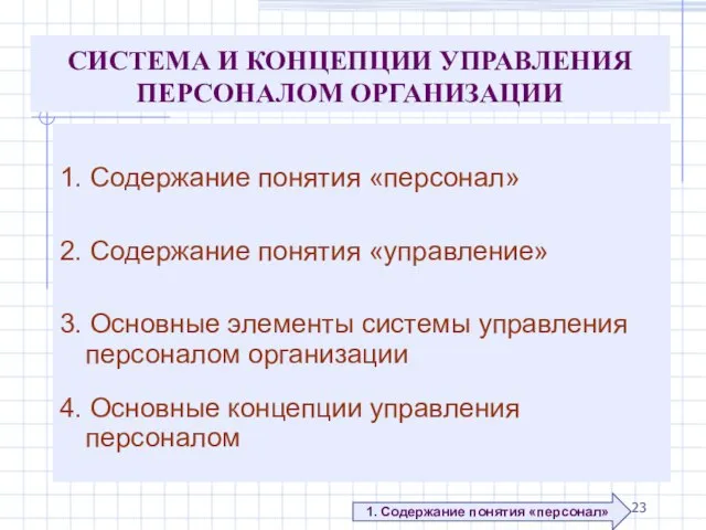 СИСТЕМА И КОНЦЕПЦИИ УПРАВЛЕНИЯ ПЕРСОНАЛОМ ОРГАНИЗАЦИИ 1. Содержание понятия «персонал» 2.