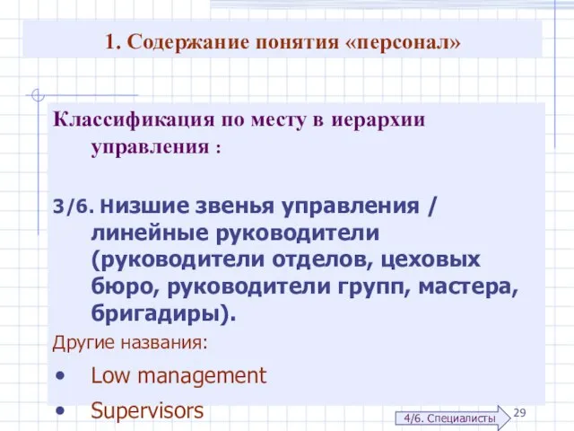 1. Содержание понятия «персонал» Классификация по месту в иерархии управления :