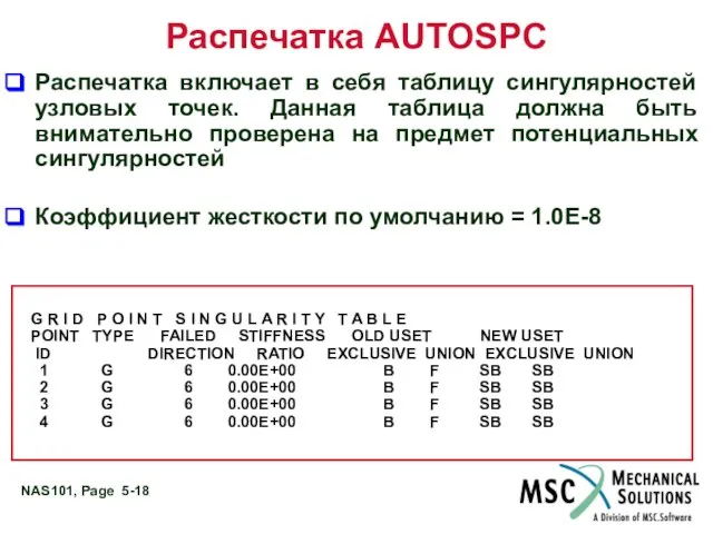 Распечатка AUTOSPC Распечатка включает в себя таблицу сингулярностей узловых точек. Данная