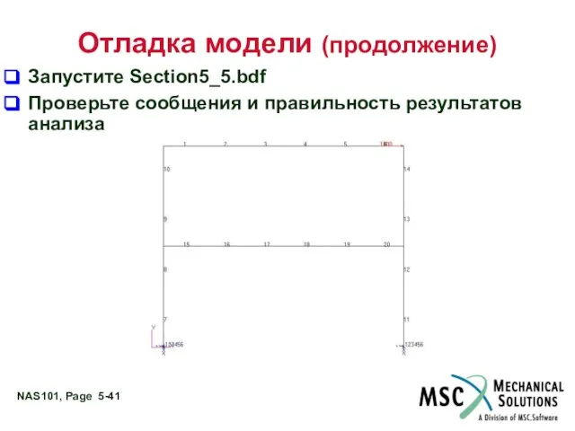 Отладка модели (продолжение) Запустите Section5_5.bdf Проверьте сообщения и правильность результатов анализа