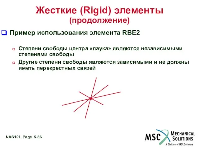 Жесткие (Rigid) элементы (продолжение) Пример использования элемента RBE2 Степени свободы центра