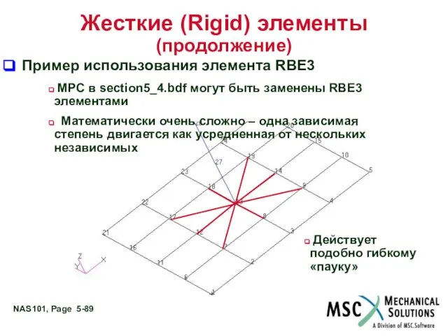 Жесткие (Rigid) элементы (продолжение) Пример использования элемента RBE3 MPC в section5_4.bdf