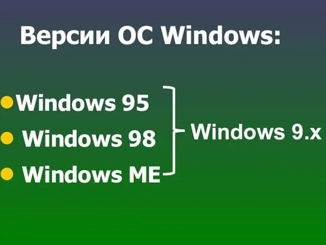 Версии ОС Windows: Windows 95 Windows 98 Windows МЕ Windows 9.х