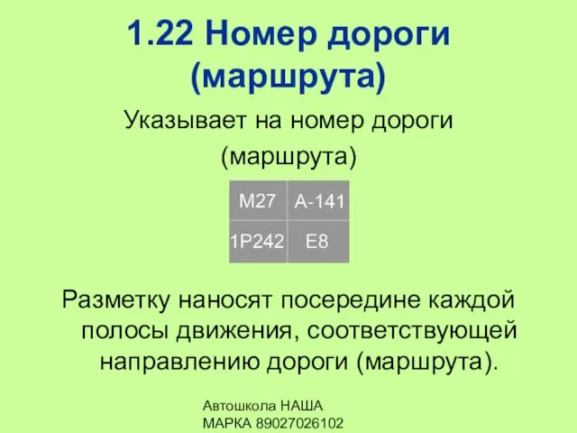 Автошкола НАША МАРКА 89027026102 1.22 Номер дороги (маршрута) Указывает на номер