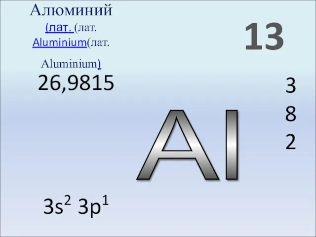 Al 13 Алюминий (лат. (лат. Aluminium(лат. Aluminium) 3 8 2 26,9815 3s2 3p1