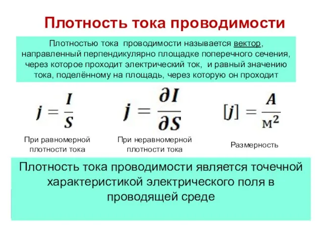 Плотность тока проводимости Плотностью тока проводимости называется вектор, направленный перпендикулярно площадке