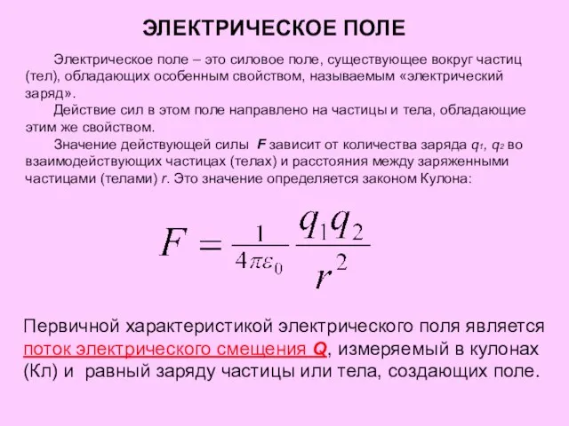 ЭЛЕКТРИЧЕСКОЕ ПОЛЕ Электрическое поле – это силовое поле, существующее вокруг частиц