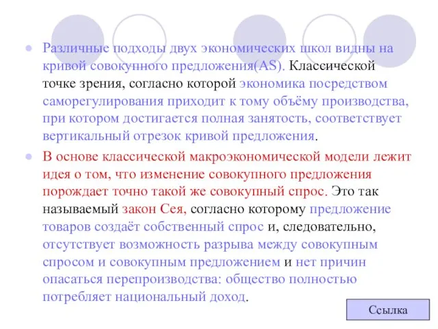 Различные подходы двух экономических школ видны на кривой совокупного предложения(AS). Классической