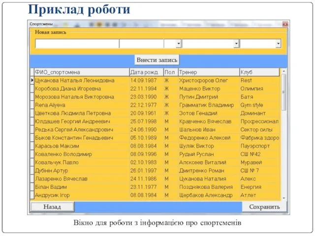 Приклад роботи Вікно для роботи з інформацією про спортсменів