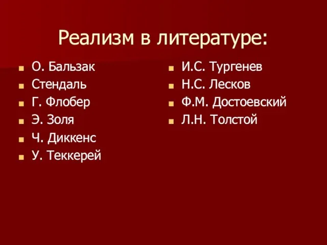 Реализм в литературе: О. Бальзак Стендаль Г. Флобер Э. Золя Ч.