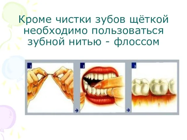 Кроме чистки зубов щёткой необходимо пользоваться зубной нитью - флоссом