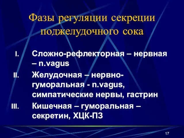 Фазы регуляции секреции поджелудочного сока Сложно-рефлекторная – нервная – n.vagus Желудочная