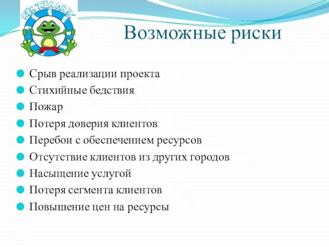 Возможные риски Срыв реализации проекта Стихийные бедствия Пожар Потеря доверия клиентов