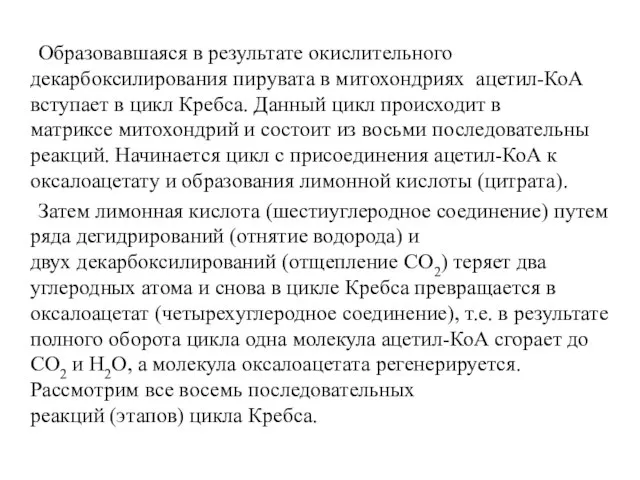 Образовавшаяся в результате окислительного декарбоксилирования пирувата в митохондриях ацетил-КоА вступает в