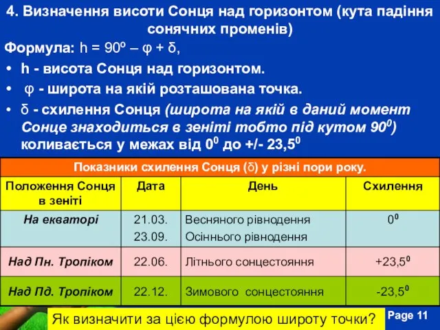 4. Визначення висоти Сонця над горизонтом (кута падіння сонячних променів) Формула: