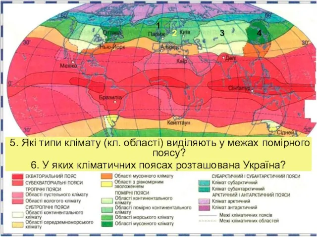 5. Які типи клімату (кл. області) виділяють у межах помірного поясу?