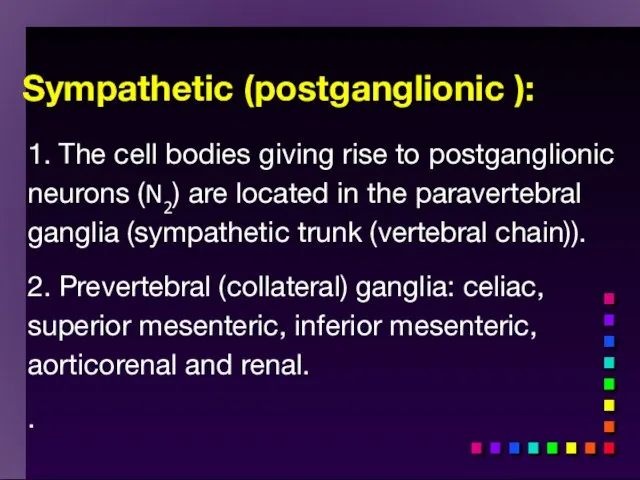 Sympathetic (postganglionic ): 1. The cell bodies giving rise to postganglionic