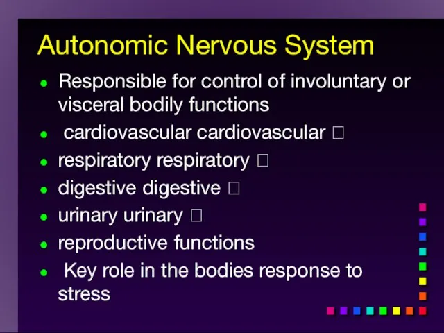 Autonomic Nervous System Responsible for control of involuntary or visceral bodily