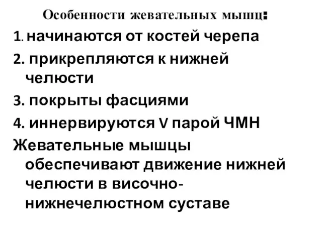 Особенности жевательных мышц: 1. начинаются от костей черепа 2. прикрепляются к