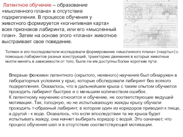 Латентное обучение – образование «мысленного плана» в отсутствие подкрепления. В процессе