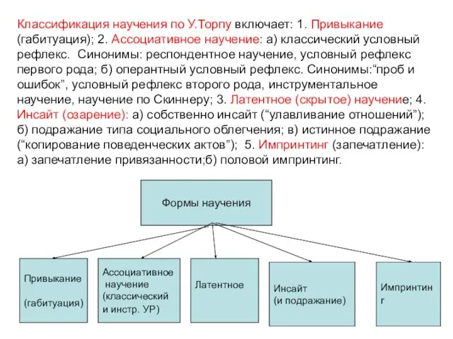 Классификация научения по У.Торпу включает: 1. Привыкание (габитуация); 2. Ассоциативное научение: