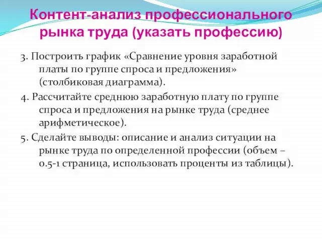 Контент-анализ профессионального рынка труда (указать профессию) 3. Построить график «Сравнение уровня