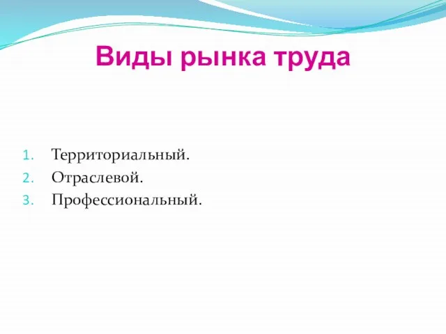 Виды рынка труда Территориальный. Отраслевой. Профессиональный.