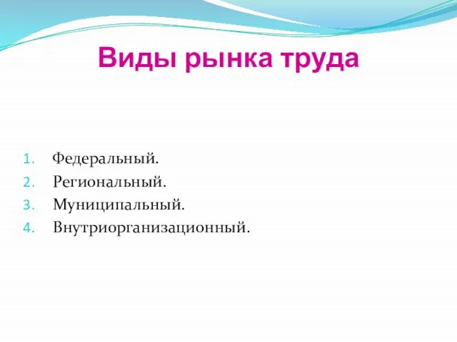 Виды рынка труда Федеральный. Региональный. Муниципальный. Внутриорганизационный.