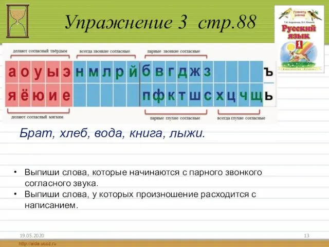 Упражнение 3 стр.88 19.05.2020 Брат, хлеб, вода, книга, лыжи. Выпиши слова,