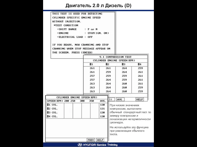 Двигатель 2.0 л Дизель (D) При низких значениях компрессии, выполните обычный