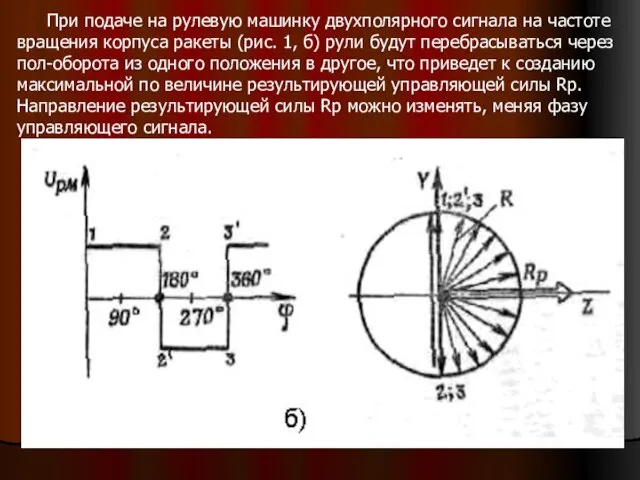 При подаче на рулевую машинку двухполярного сигнала на частоте вращения корпуса