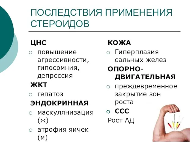 ПОСЛЕДСТВИЯ ПРИМЕНЕНИЯ СТЕРОИДОВ ЦНС повышение агрессивности, гипосомния, депрессия ЖКТ гепатоз ЭНДОКРИННАЯ