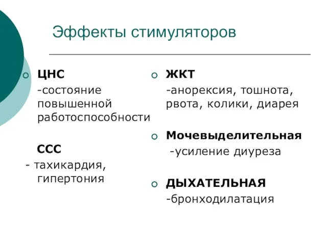 Эффекты стимуляторов ЦНС -состояние повышенной работоспособности ССС - тахикардия, гипертония ЖКТ