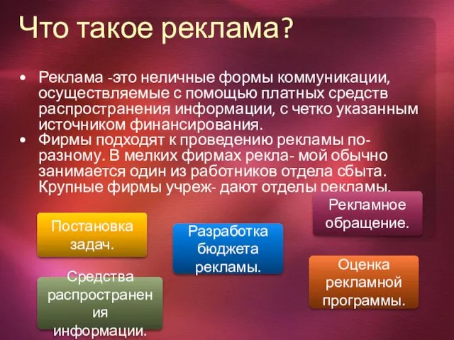 Что такое реклама? Реклама -это неличные формы коммуникации, осуществляемые с помощью