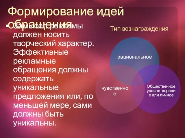 Формирование идей обращения Замысел рекламы должен носить творческий характер. Эффективные рекламные